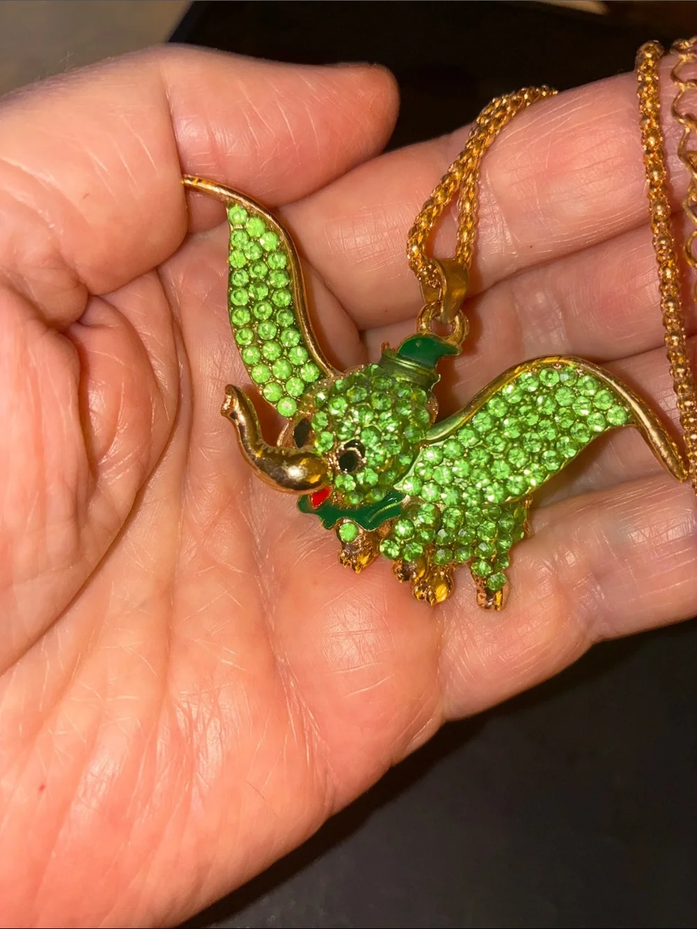 Gold-Tone Green Dumbo Pendant Vibrant Green Rhinestones